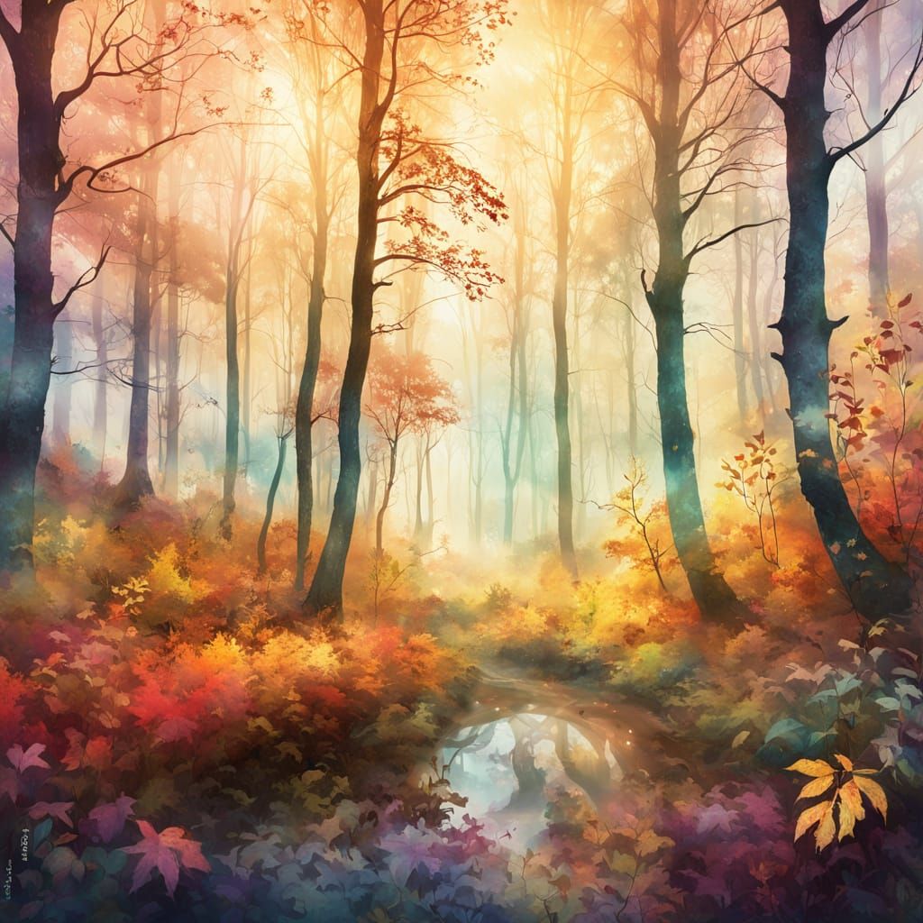 Mystical Autumn Forest at Dawn in Watercolor Style