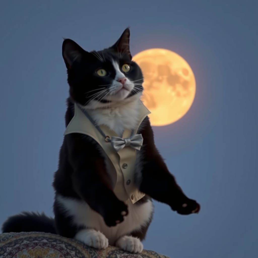 Lunar Eclipse Feline Playtime in a Moody Nighttime Scene