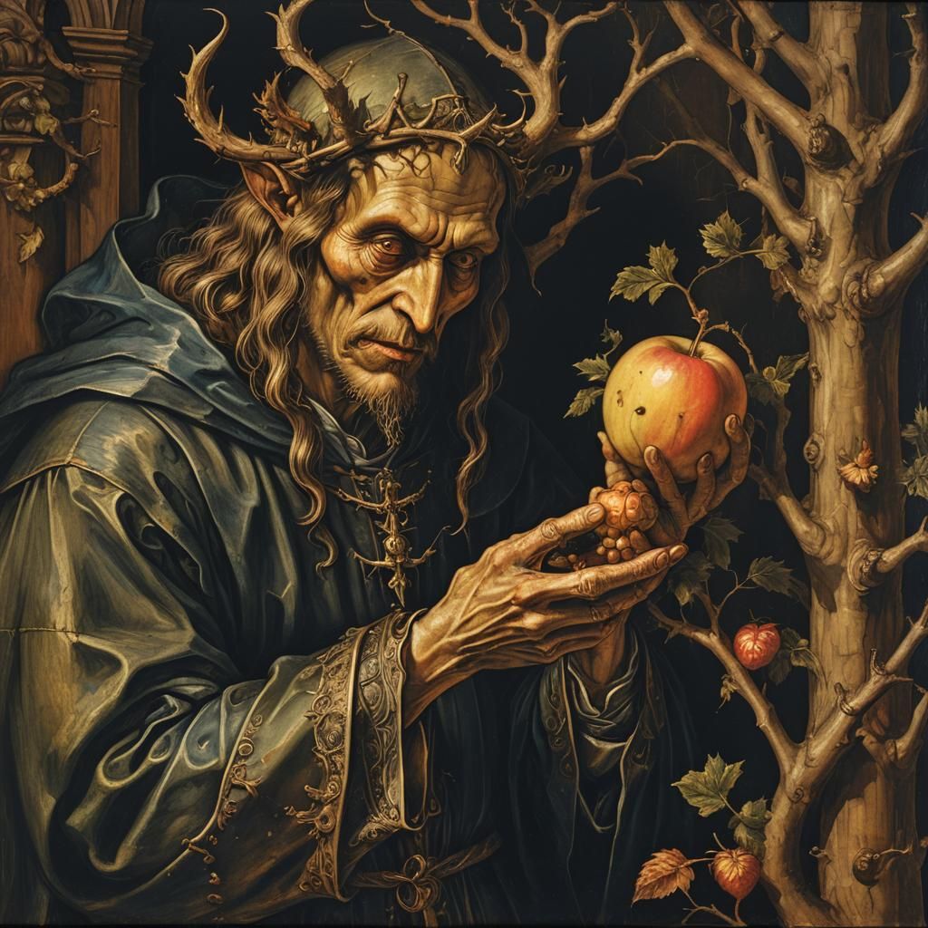 Demonic Offer: Medieval Tempera in Chiaroscuro Style