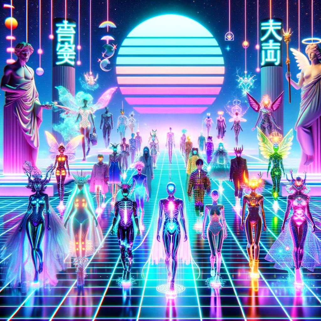 Surreal Neon Dreamscape Fashion Show in Retro-Futuristic Uto...