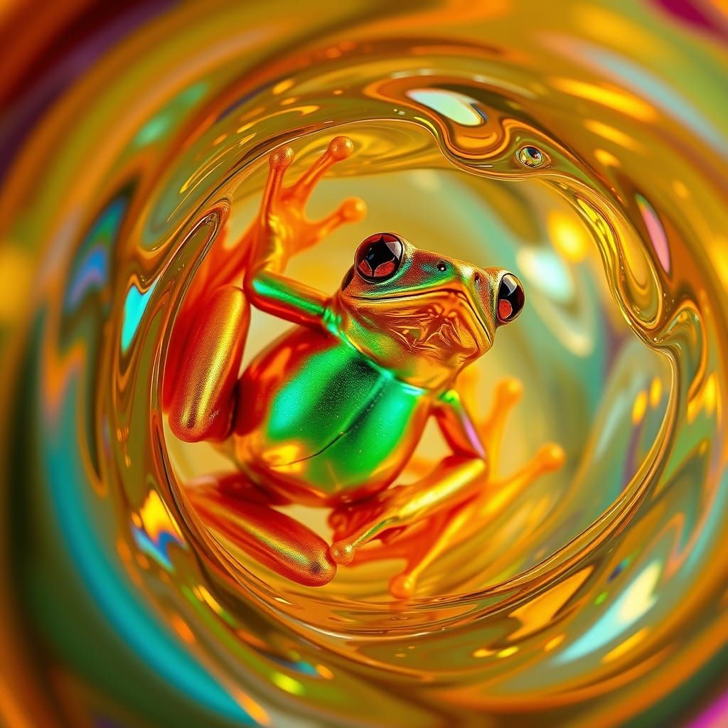 Surreal Glass Vortex Reveals Iridescent Frog in Hypnotic Dan...