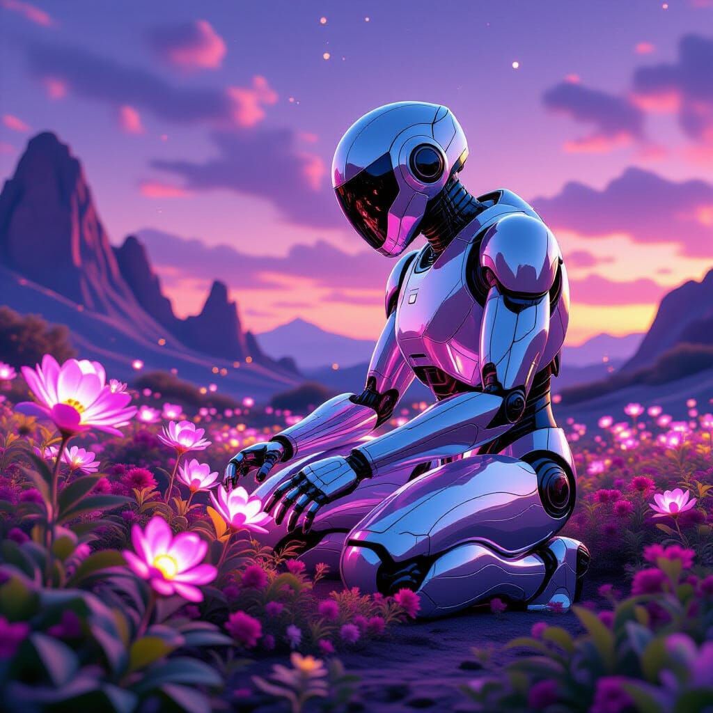 Chrome Robot Gardener on Alien Planet