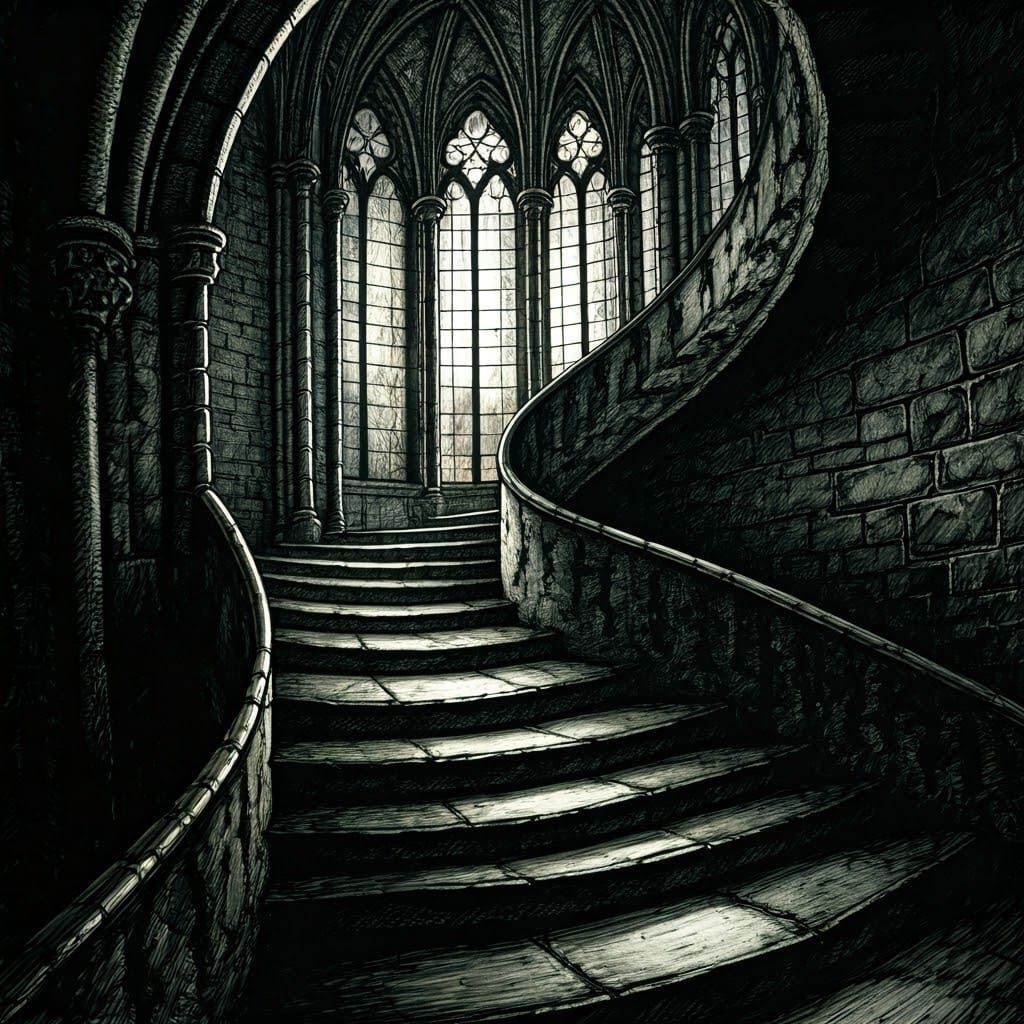 Gothic Tower: Spiraling Staircase in Ink Drawing Style