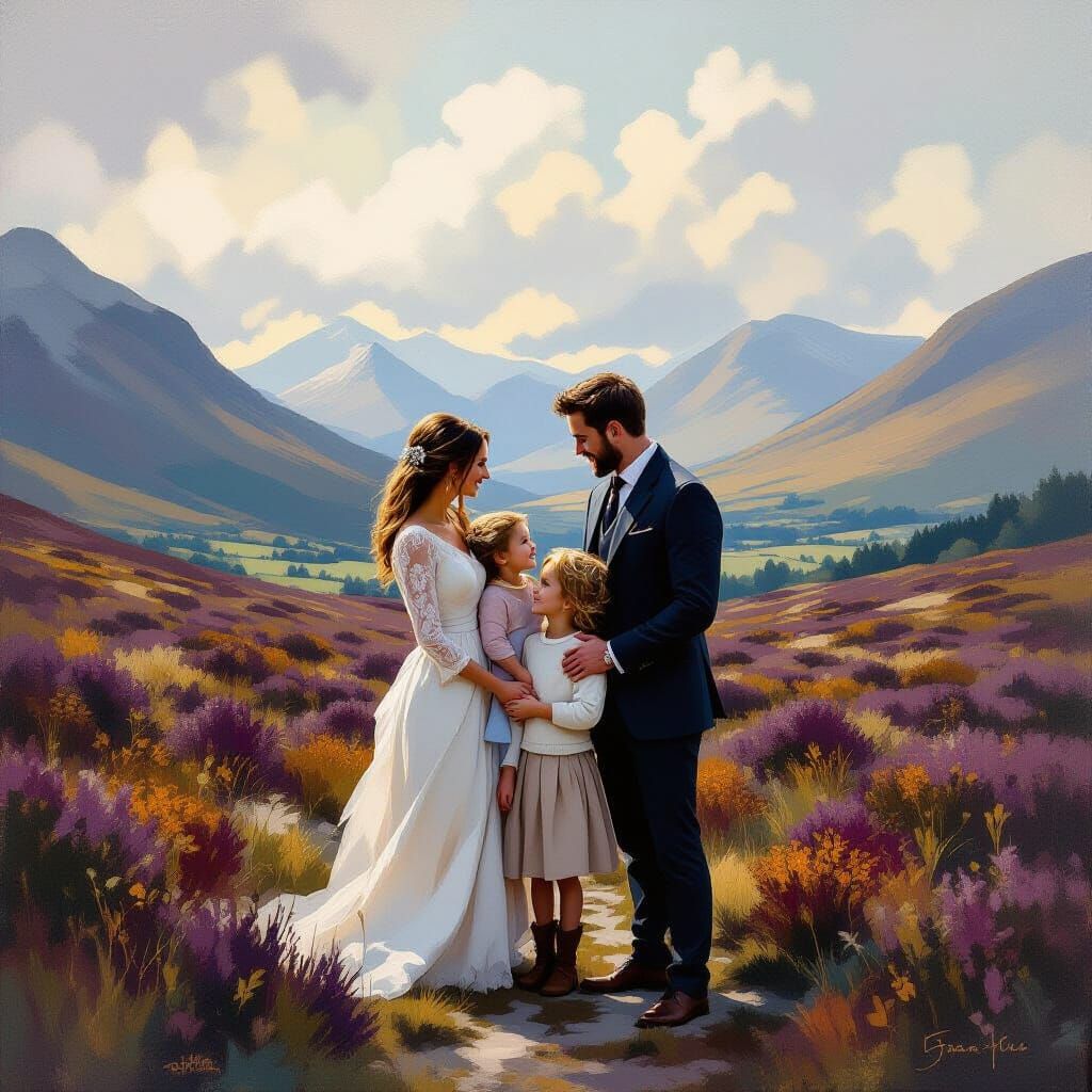 Family Portrait in Romantic Scottish Landscape Oil Painting