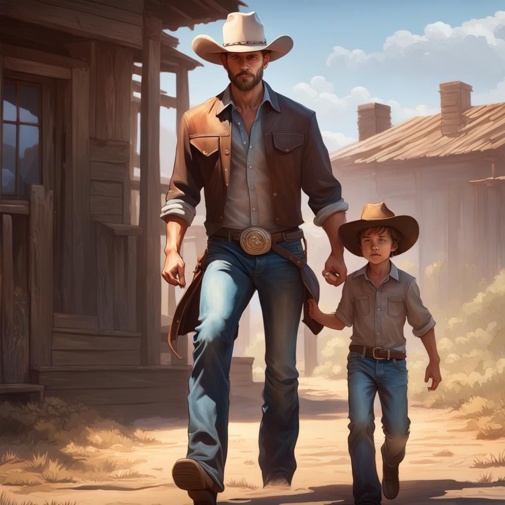 Cowboy Son Walking in Daddy's Shadow