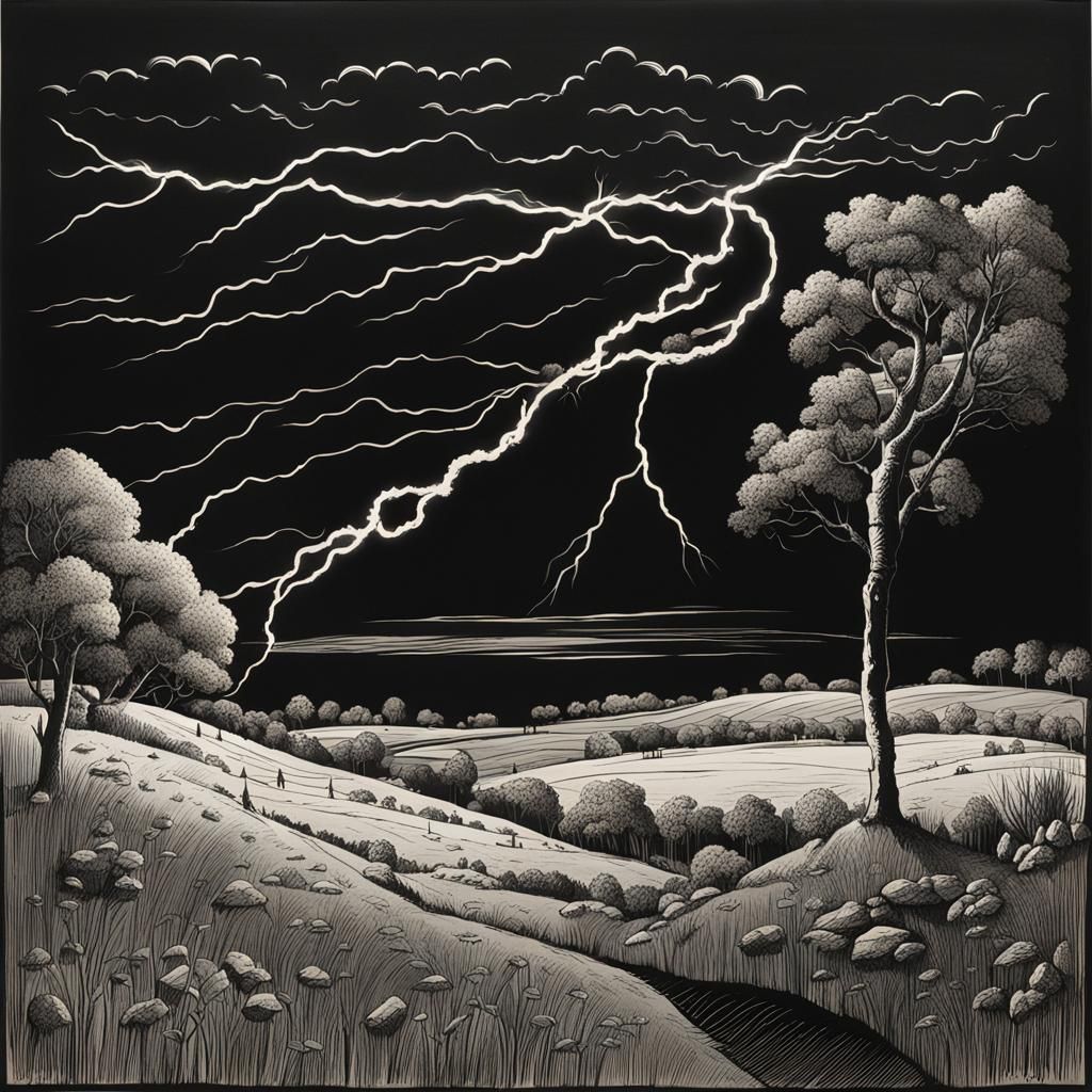 white ink drawing - pastoral scene beneath lightning strike