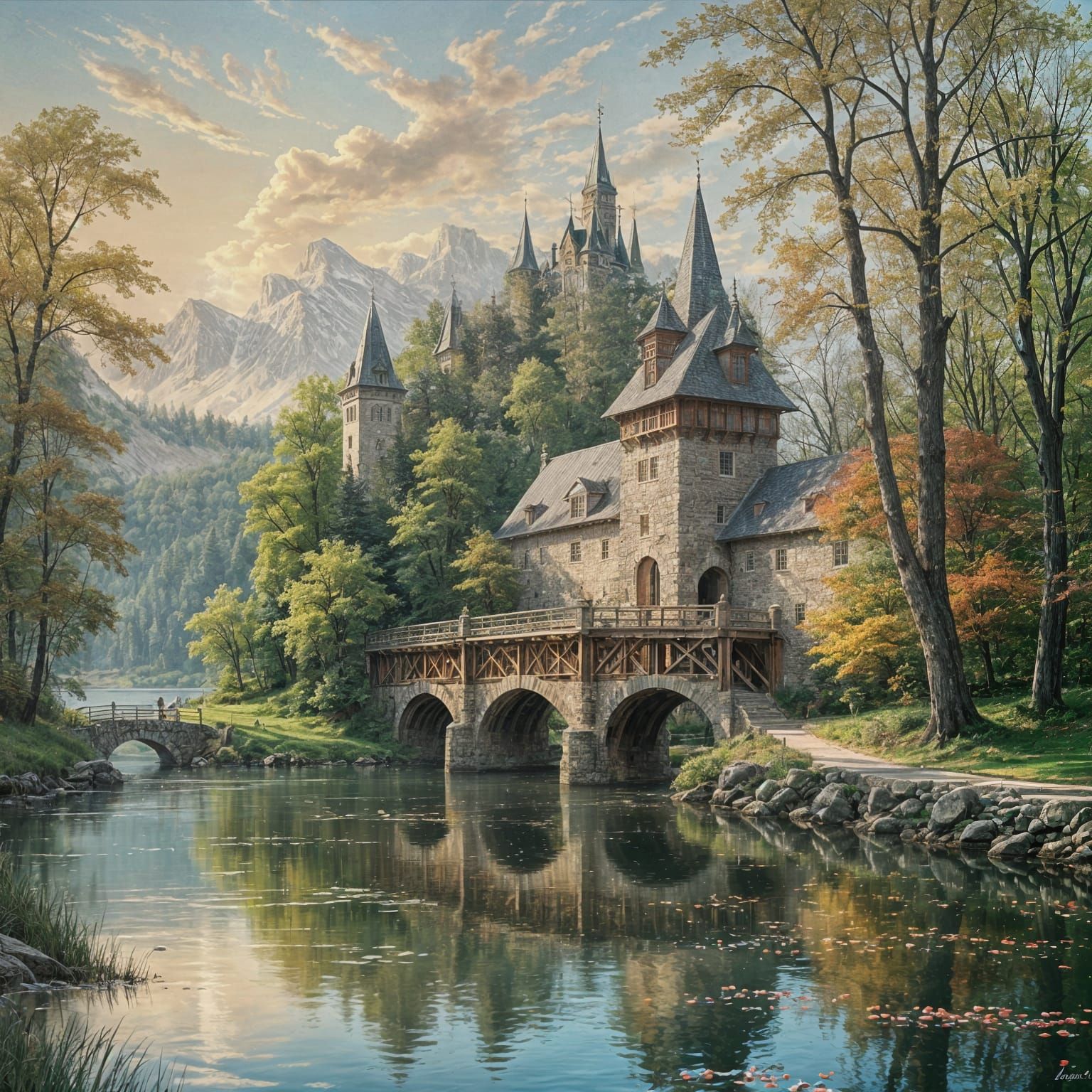 Covered Bridge to Grand Castle Over Lake