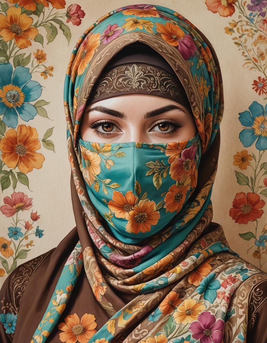 Fair Hijabi Woman Portrait in Pop Art Watercolor