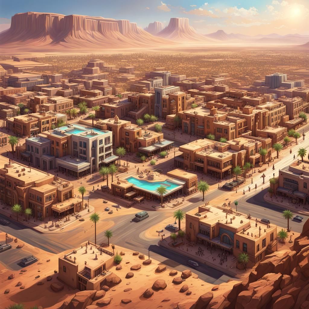 Hyperrealistic Desert Mesa City Community in Splash Art