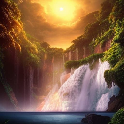 Tropical Sunset Waterfall: Epic Digital Matte Painting