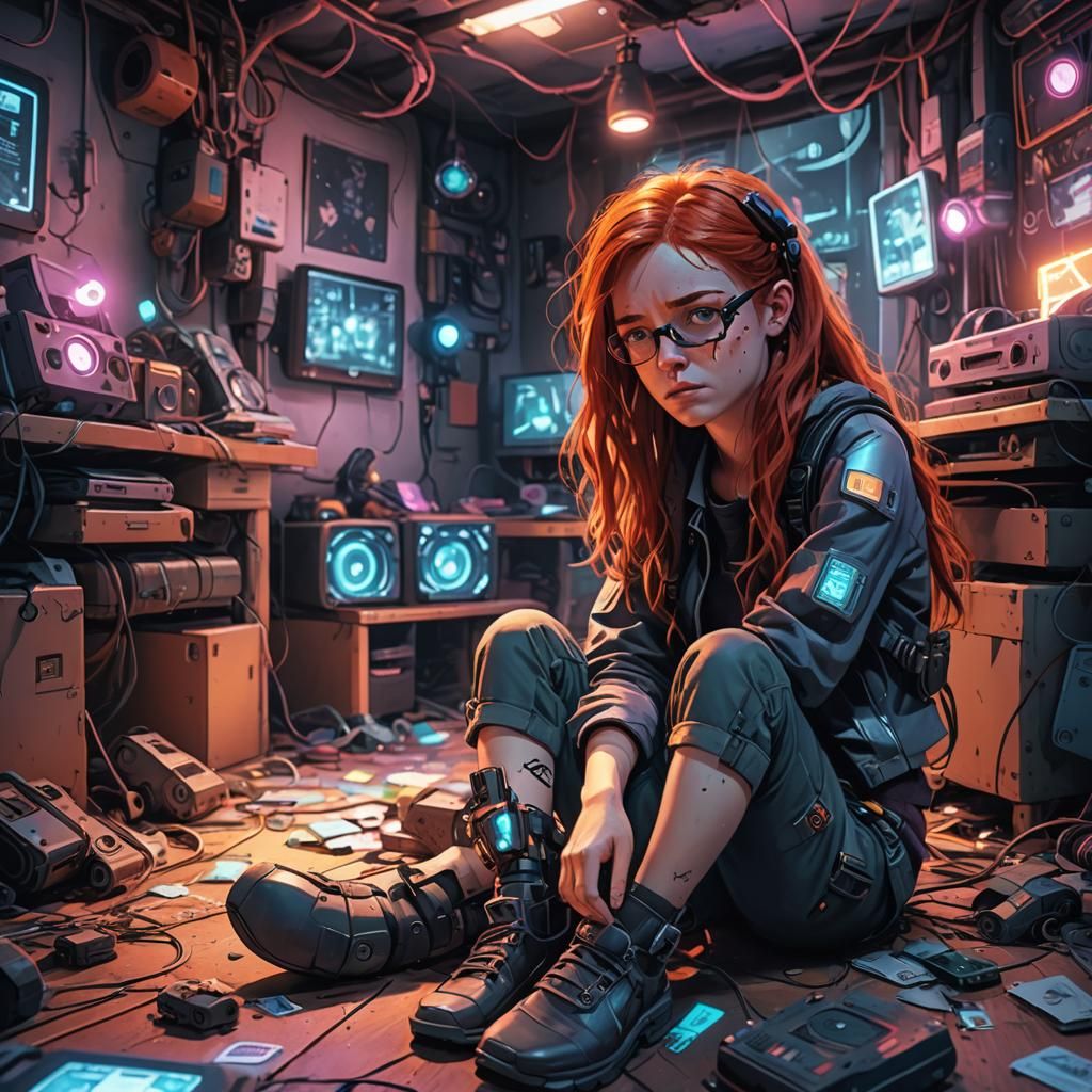 Girl in VR Frightened by Robot Arms