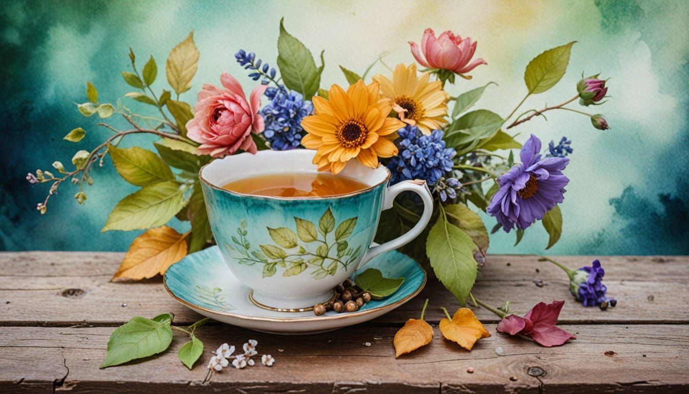 Whimsical Watercolor Floral Arrangement on Vintage Table