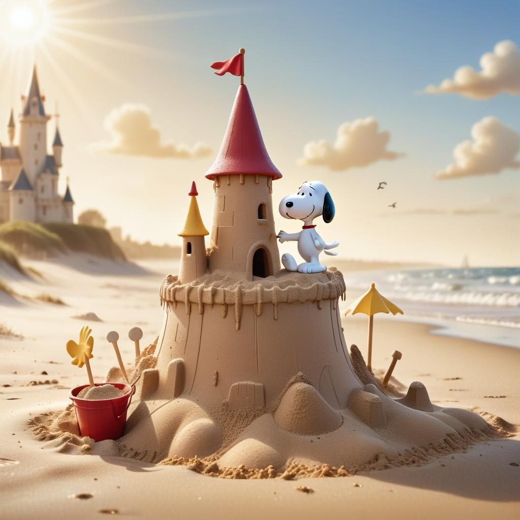 snoopy and woodstock building a sandcastle on the beach