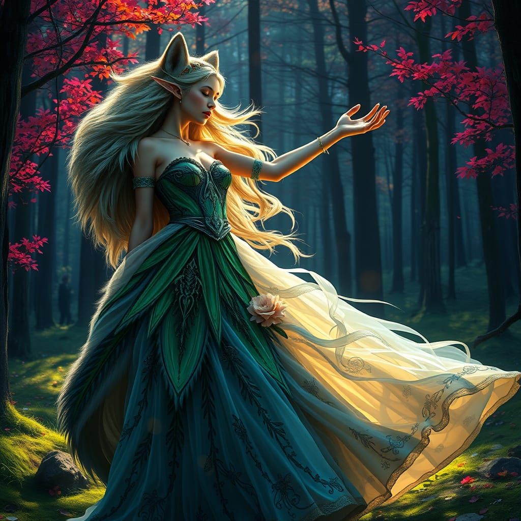 Elven Queen Dances with Dire Wolf in Vibrant Forest Glade
