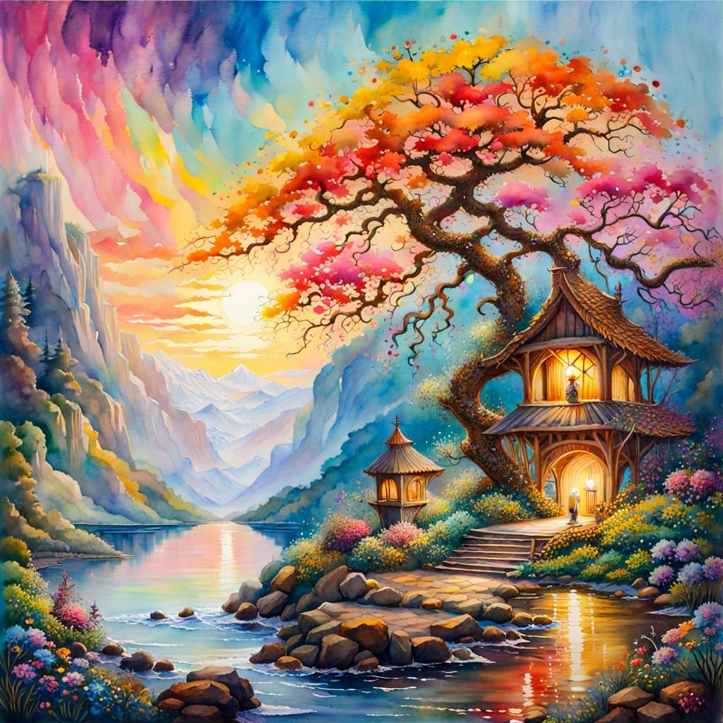 Fantasy Island Oasis in Splash Watercolour Style