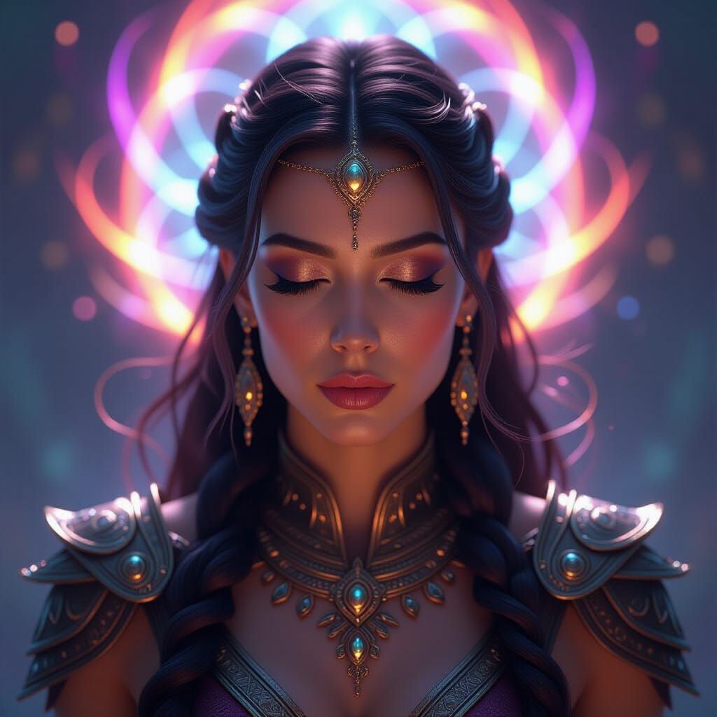 Spiritual Warrior Woman Meditating in Cosmic Aura