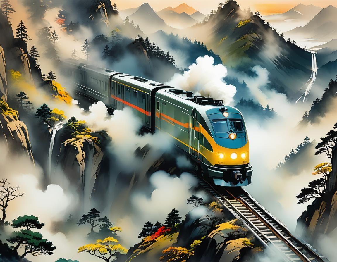 Futuristic Train Speeding Through Misty Mountains in Ukiyo-e...