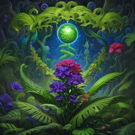 Hibiscus and Fern in Biomechanical Forest, Surreal Oil Paint...