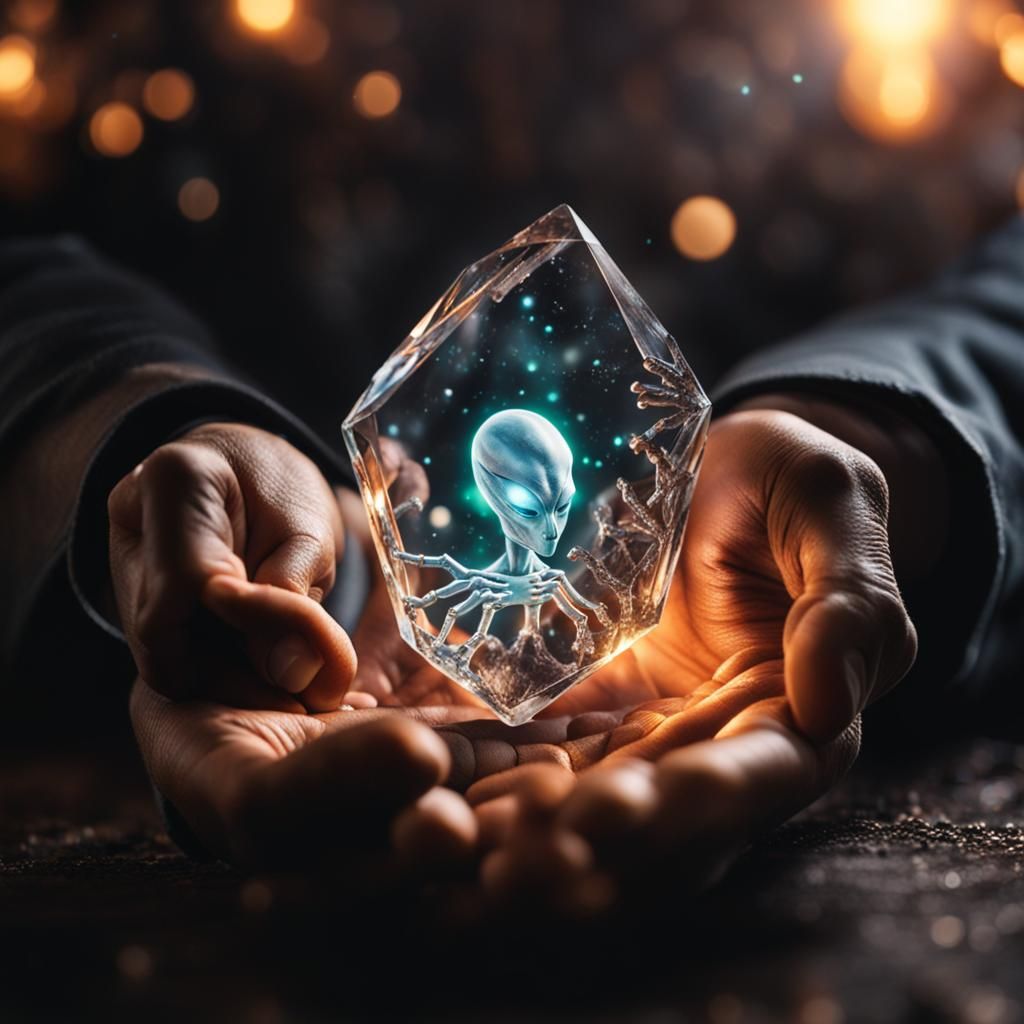 Alien Hands Holding Glowing Crystal, Bokeh Photography
