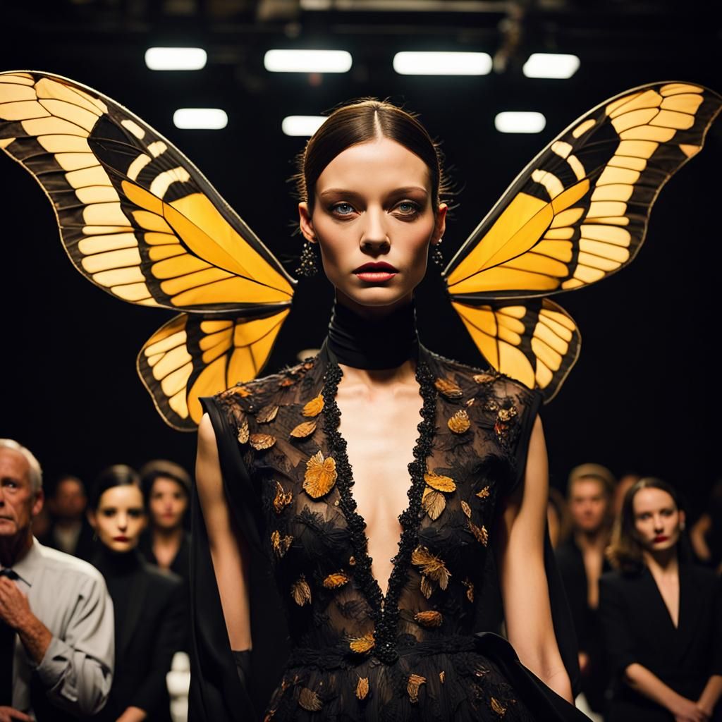 A fashion show full-body photograph featuring a new designer look inspired by the death's-head hawkmot...