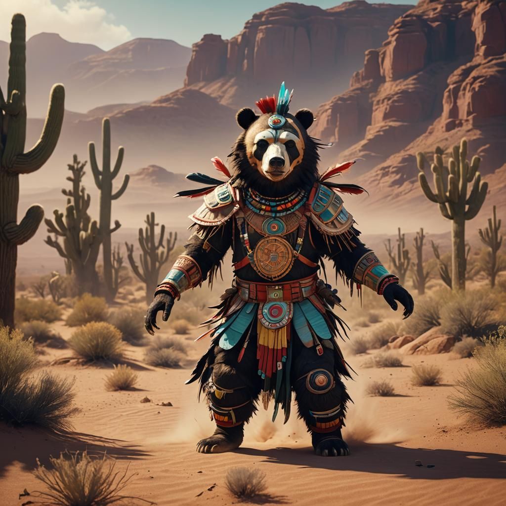 Bear Kachina Dancer in Desert Landscape