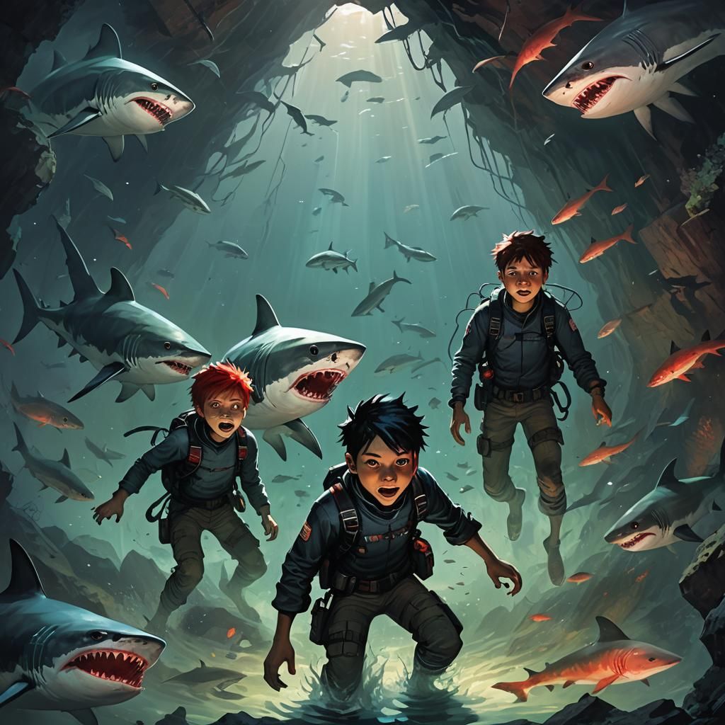 Boys Surrounded by Sharks in Dark Fantasy Style