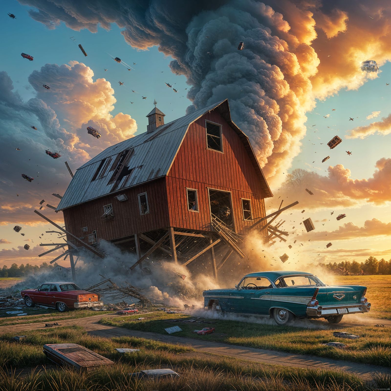 Hyperrealistic Tornado Devouring a Barn