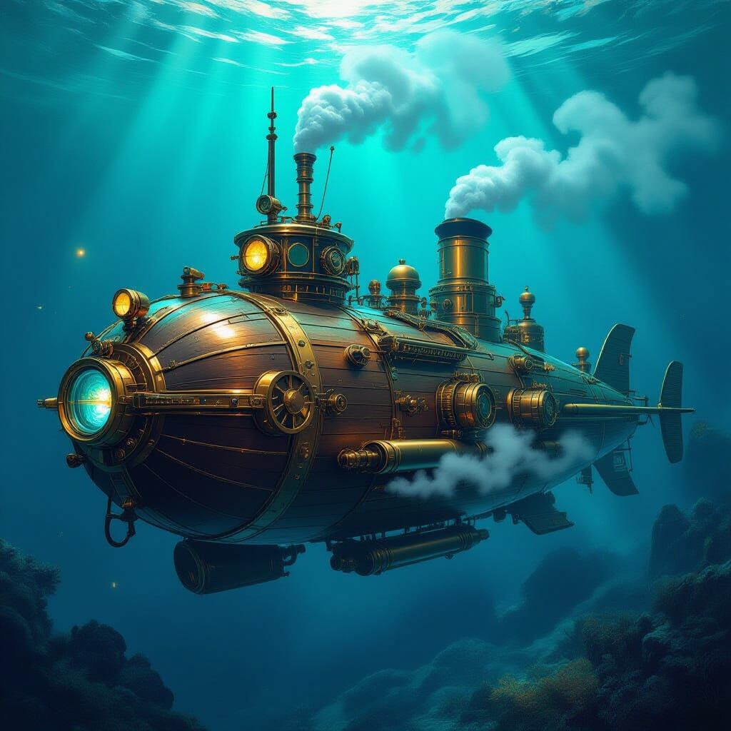 Steampunk Submarine in Mysterious Deep Ocean