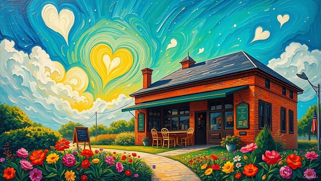 Dreamlike Victorian Coffee Shop in Whimsical Sky Oil Paintin...