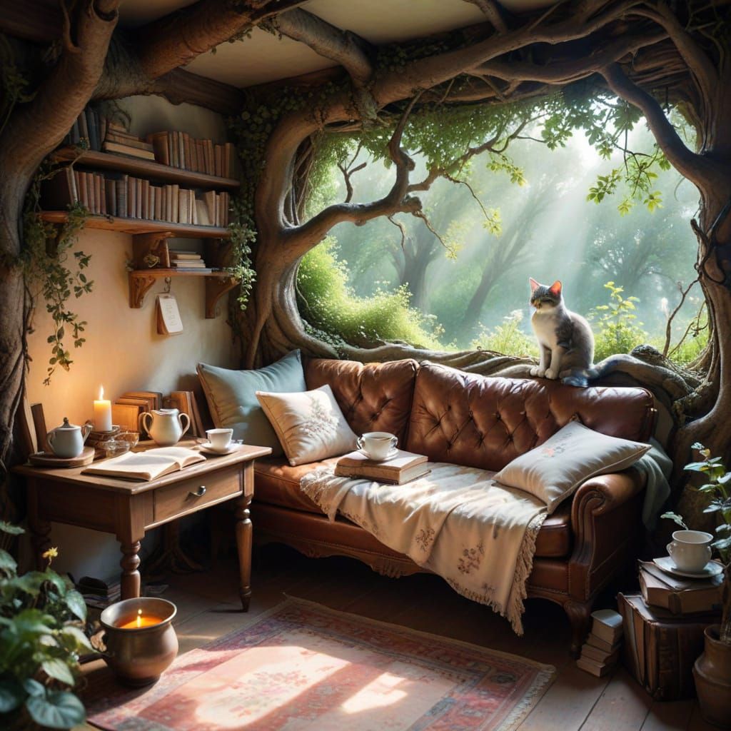 Whimsical Treehouse Reading Nook in Delicate Watercolor Styl...
