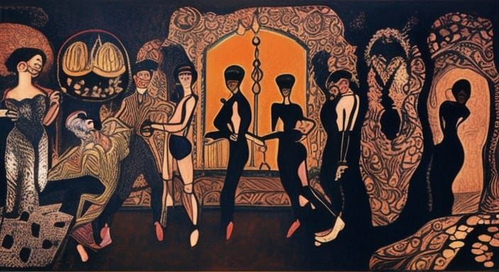 Vintage Cabaret Scene in German Expressionist Style