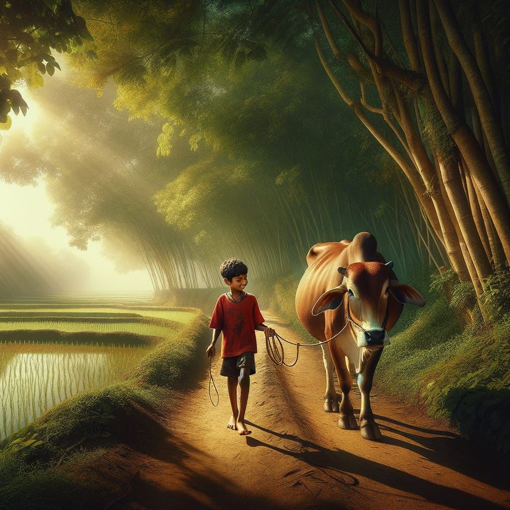 Bengali Boy and Cow in Rural Landscape