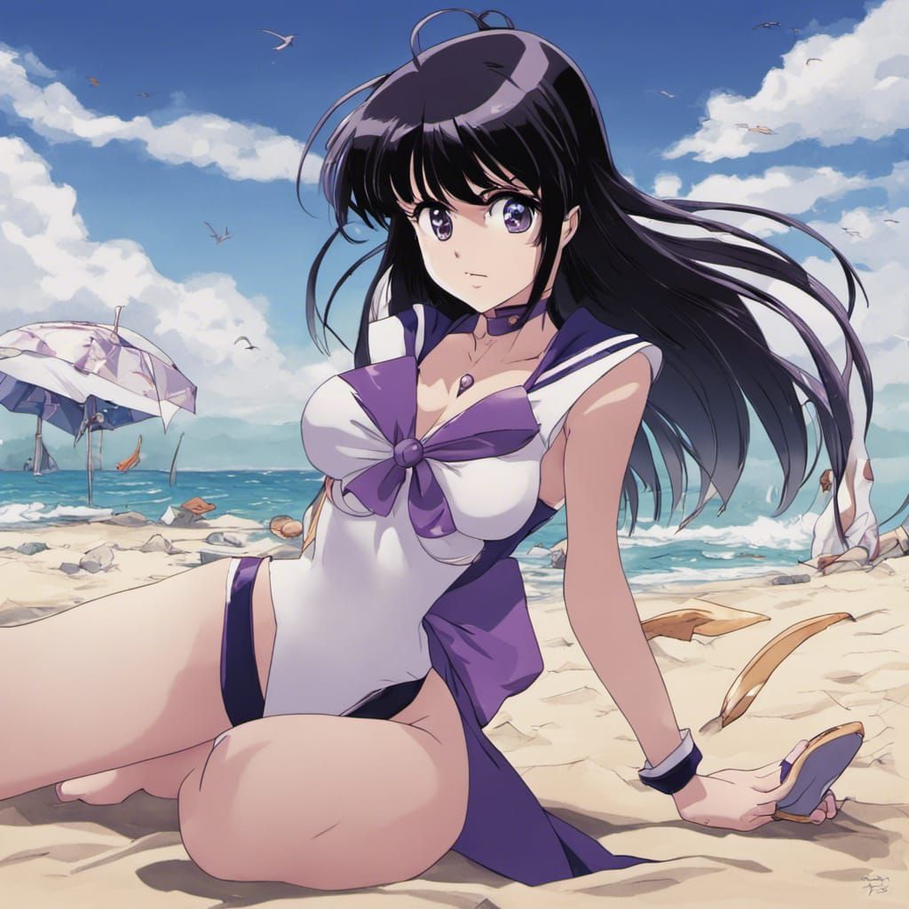 Sailor Saturn Beach Day in Anime Style