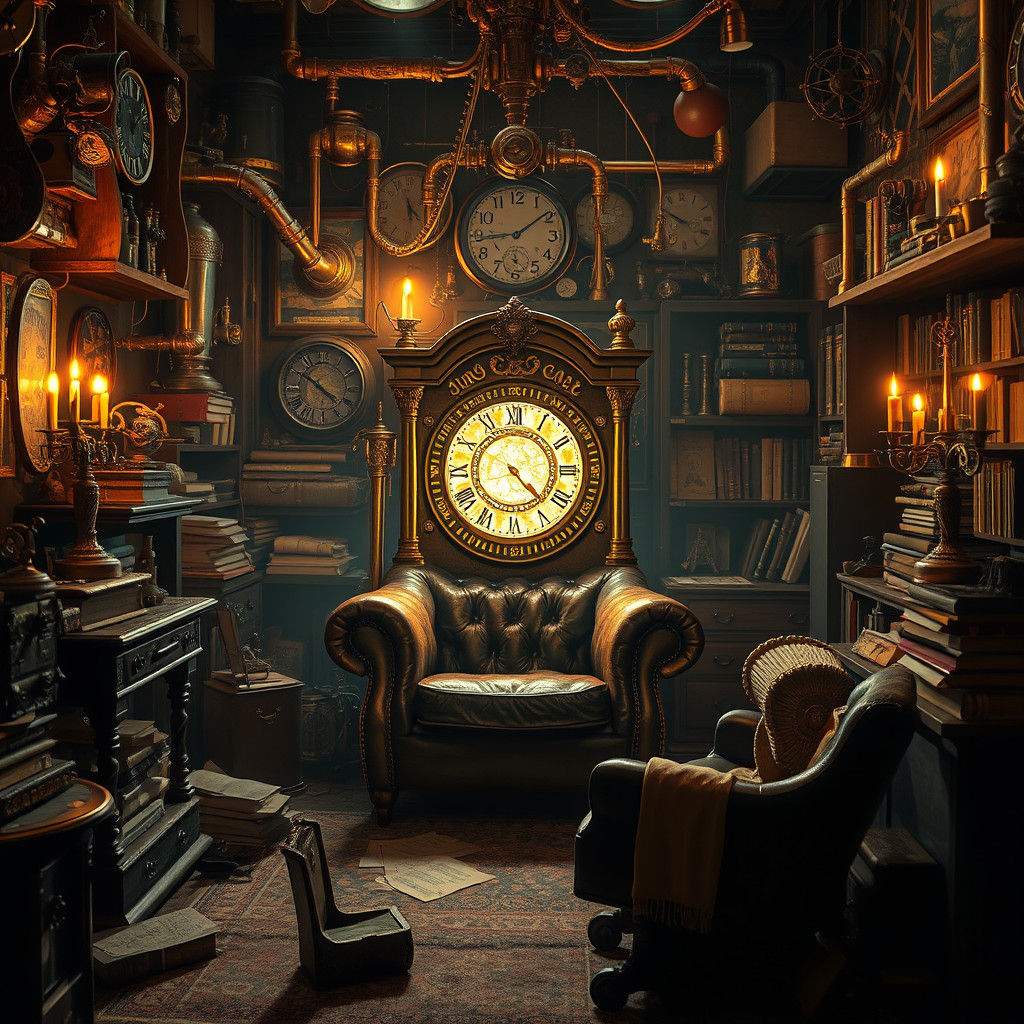 Mystical Study with Time Machine in Matte Painting Style