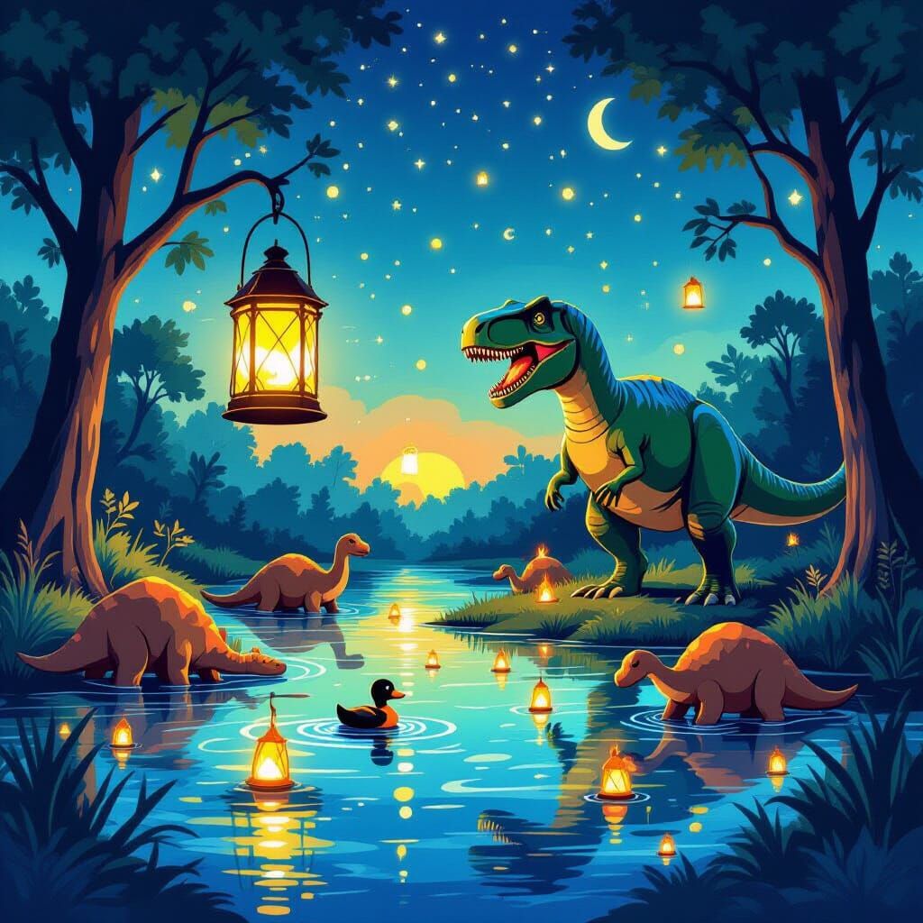 Cartoon Lantern Glows Over Prehistoric River