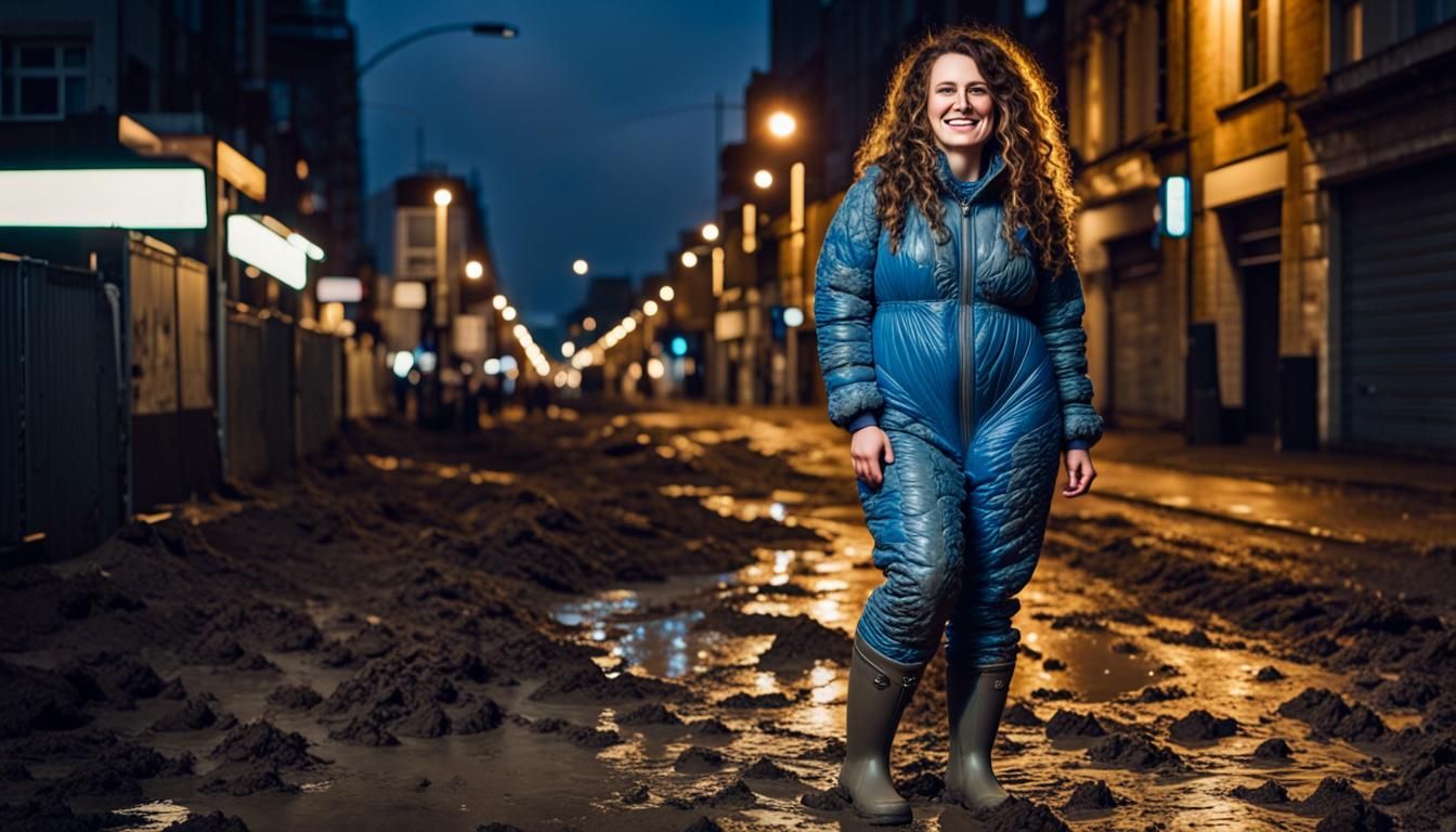 Muddy Woman Poses in City at Dusk