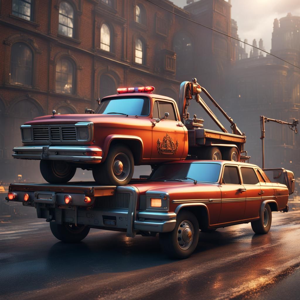 Tow Truck Towing Car: Detailed Matte Painting