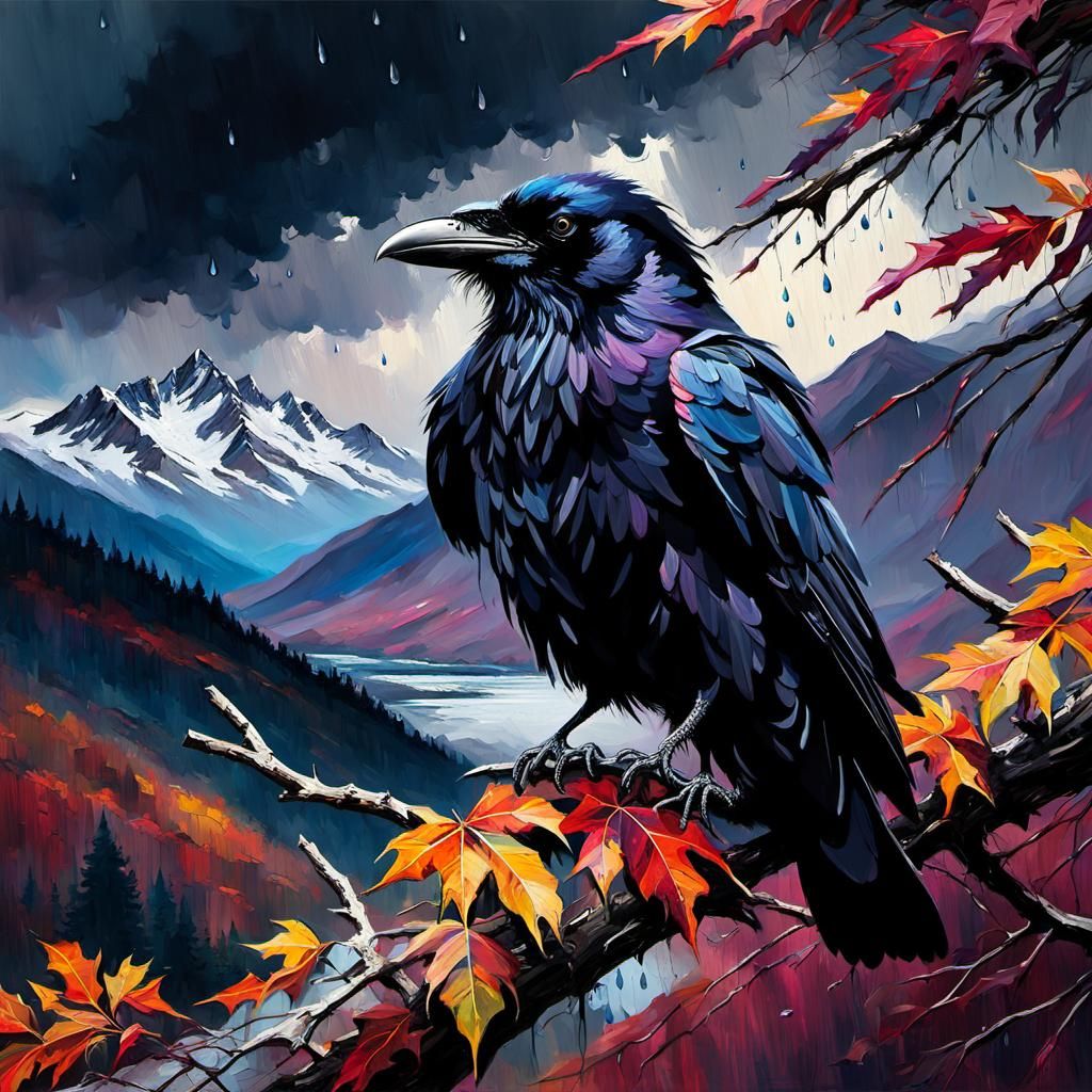 Raven in Rainy Mountain Landscape, Tachisme Brushwork