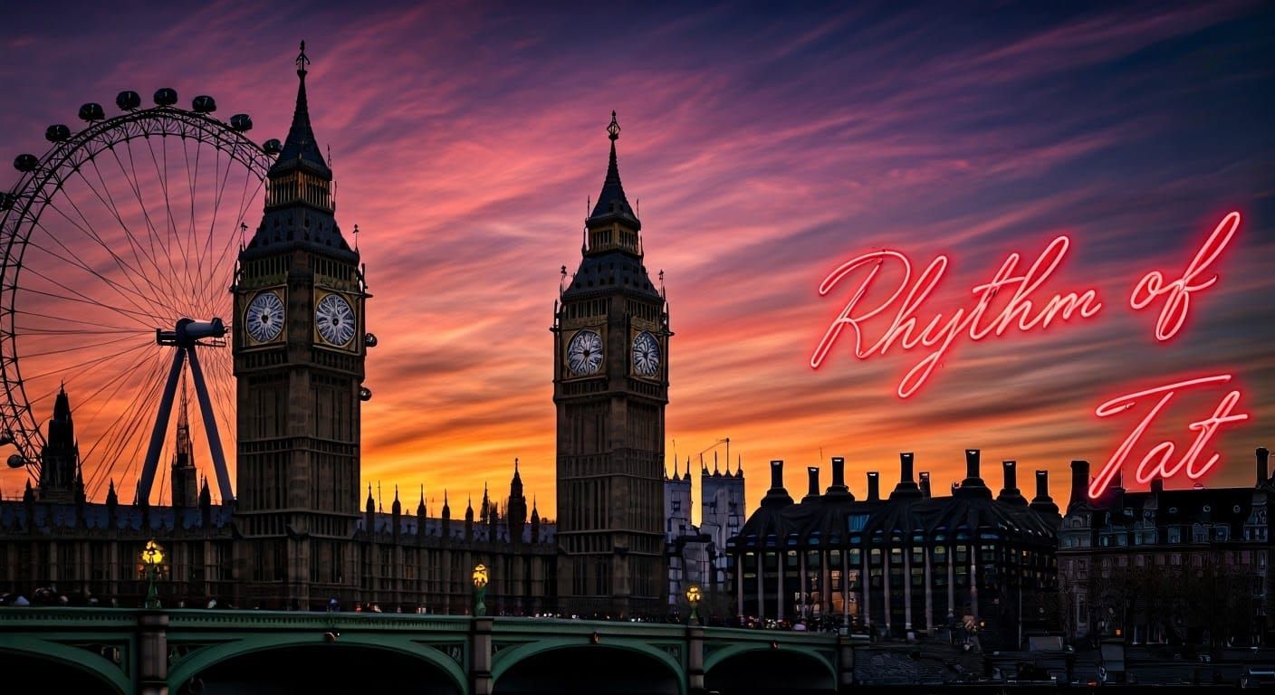 London Landmarks at Sunset with Neon Signs