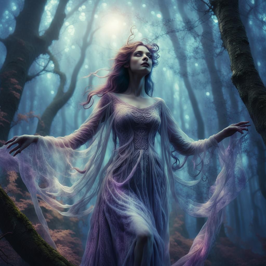 Mystical Ghost Woman in Ethereal Forest: Fantasy Art