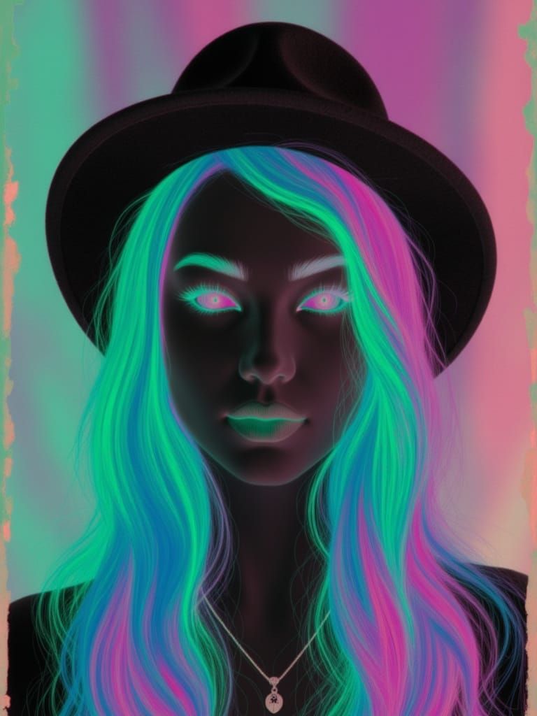 Female Portrait in Photo Negative Neon Chalk Style