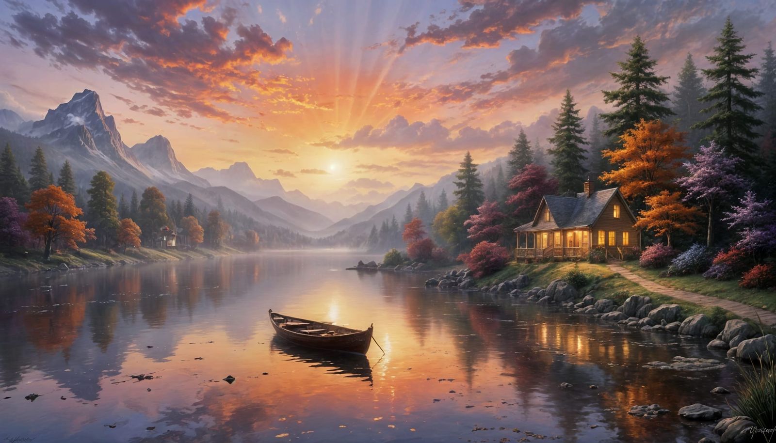 Serene Lake Sunset in Oil Painting Style