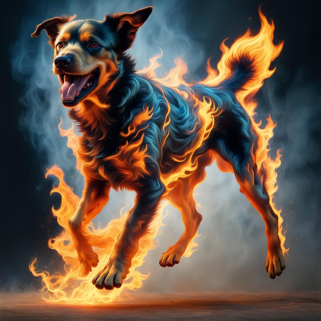 Fiery Canine Leap: Dynamic Concept Art