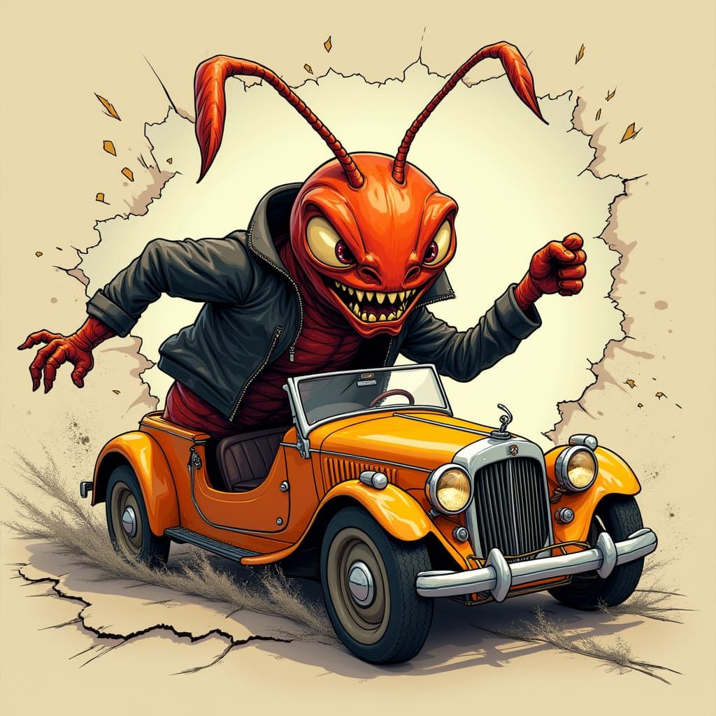 Anthropomorphic Ant Drives Cabriolet in Cartoon Surrealism