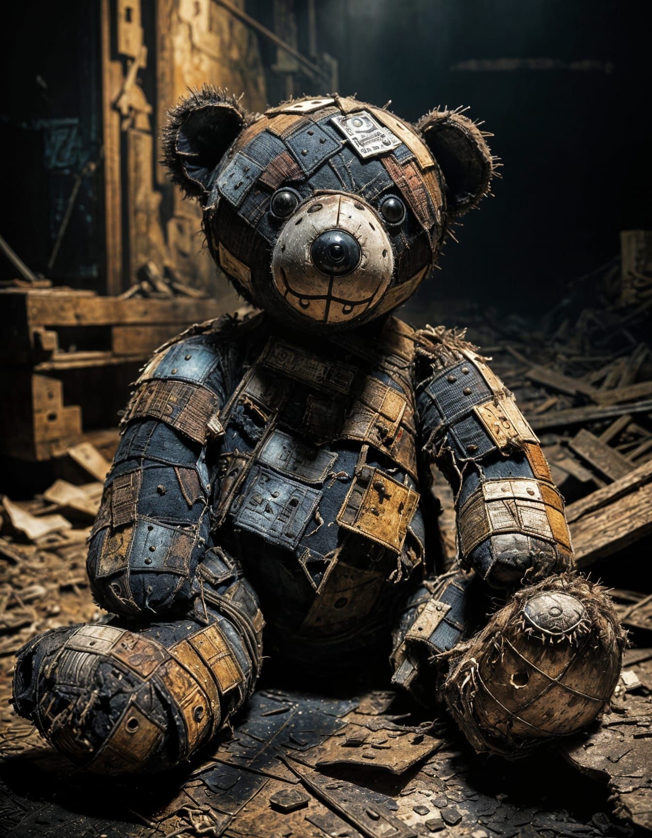 Disturbing Patchwork Teddy Bear in Dark Basement