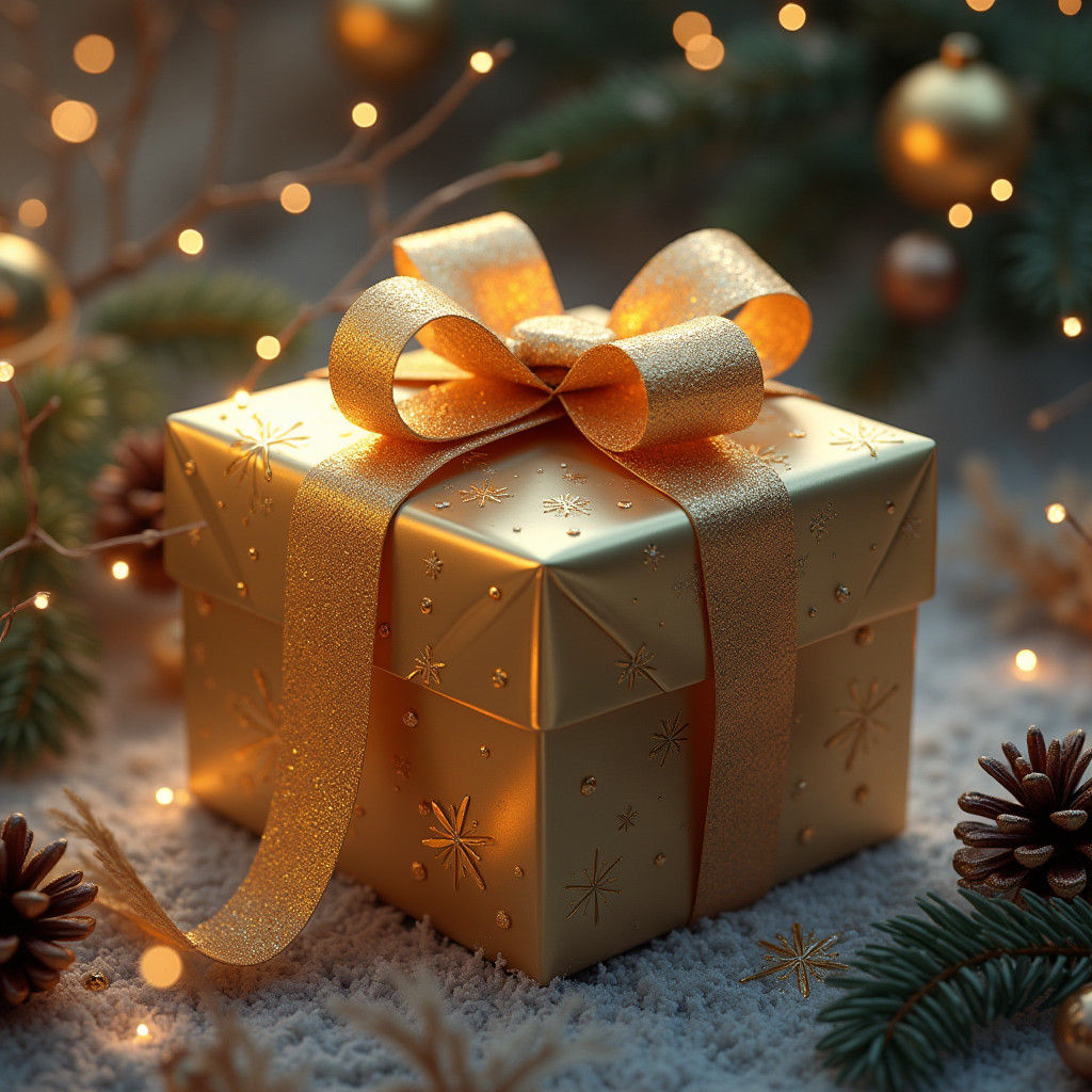 Gold Gift Box with Festive Decorations