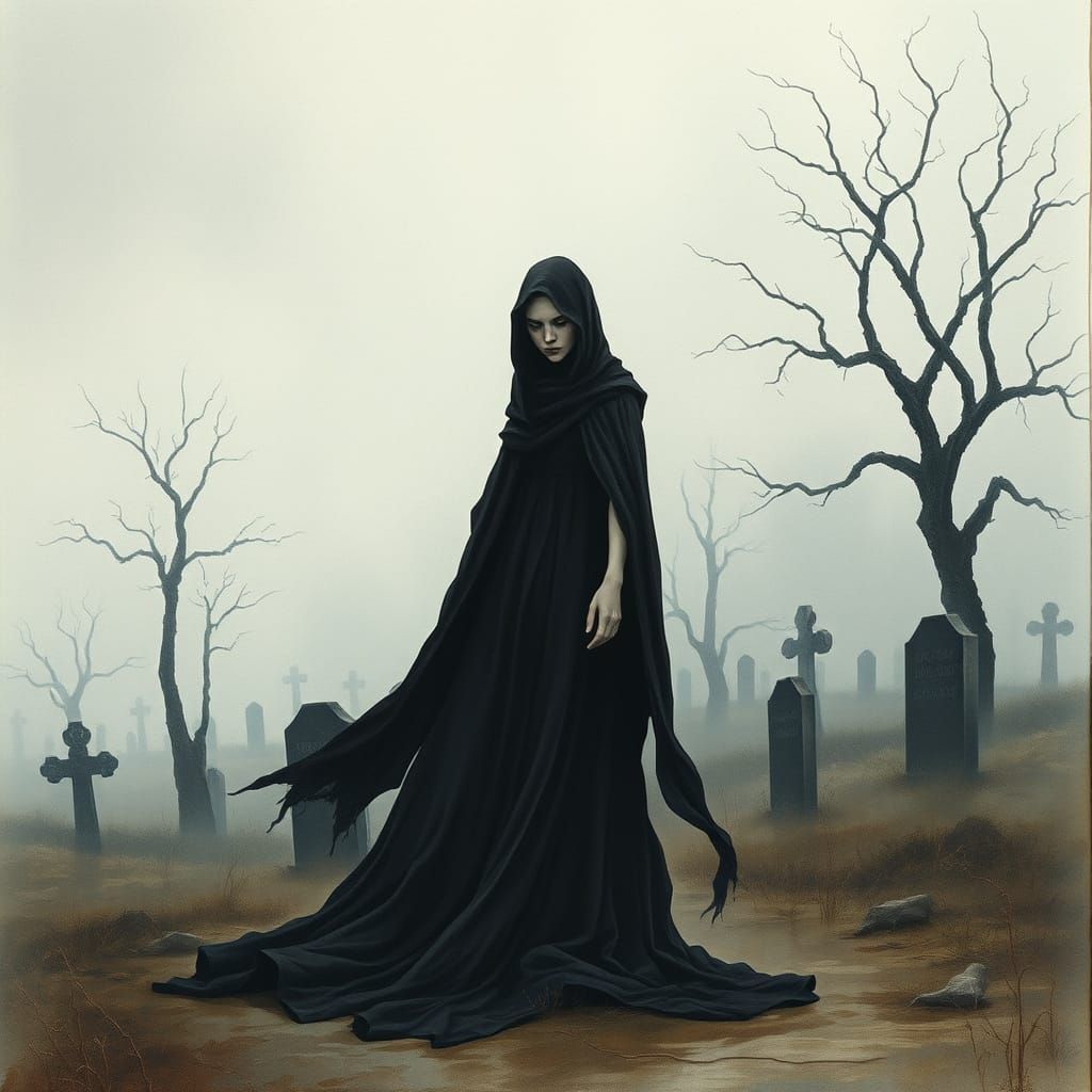 Sorrowful Woman in Gothic Watercolor Landscape