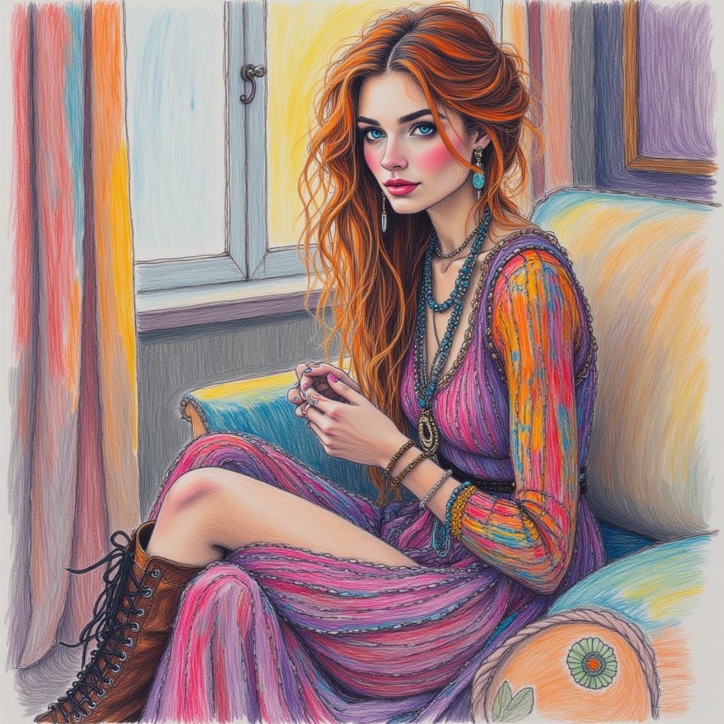 Woman Knitting in Boho Dress, Crayon Drawing Style