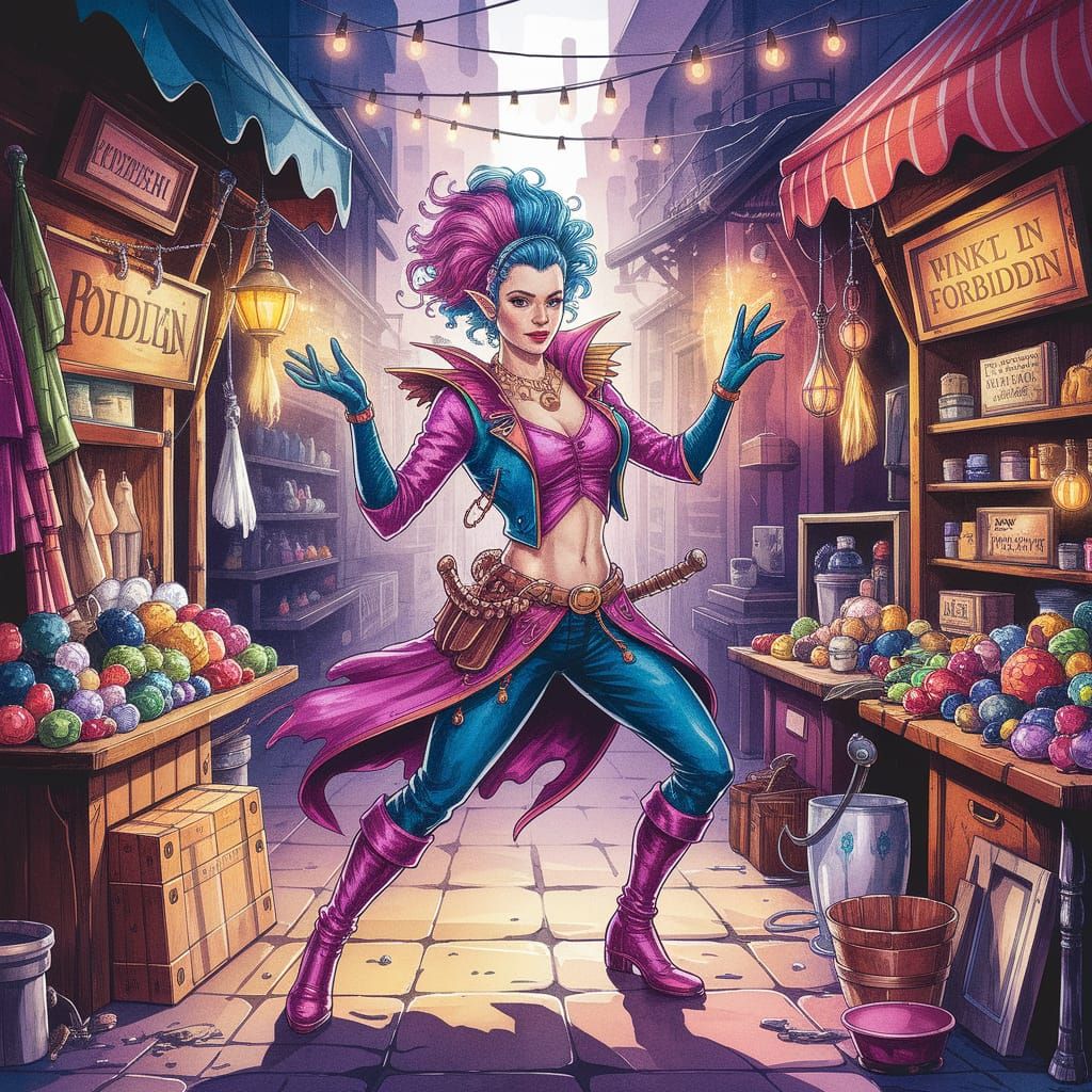 Shape-shifting Performer in Bustling Alley: Watercolor Illus...