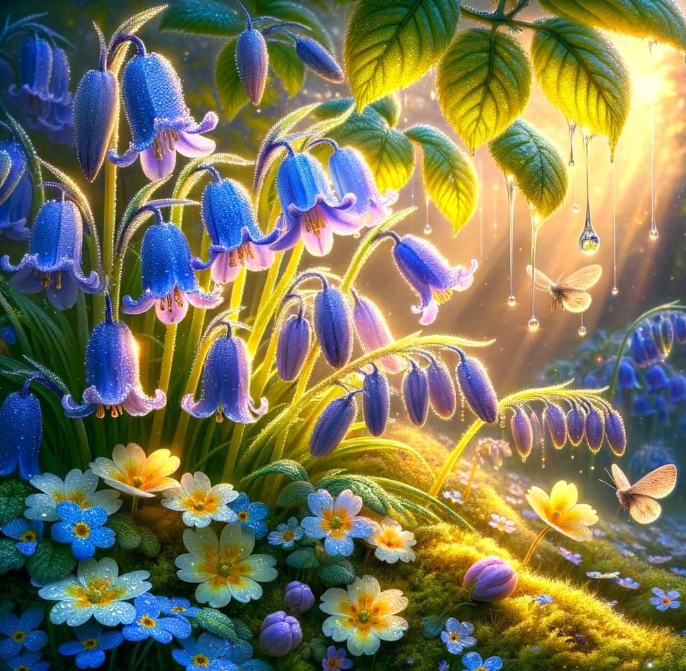 Bluebells Bloom in Dew-Kissed Watercolor Sunlight